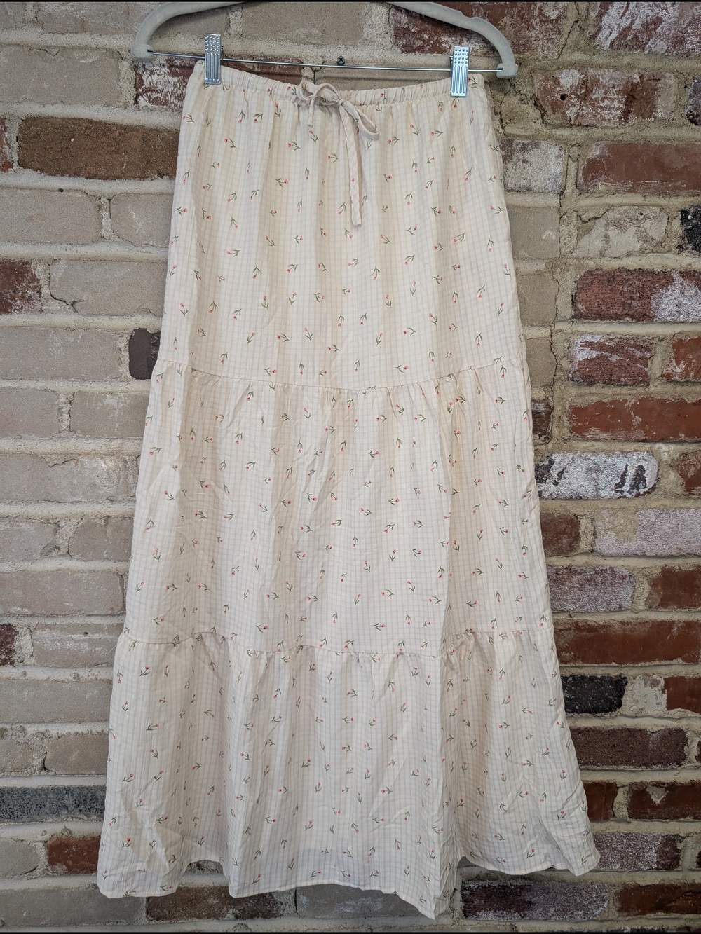 Women's Cream Floral Tiered Maxi Skirt with Drawstring Waist